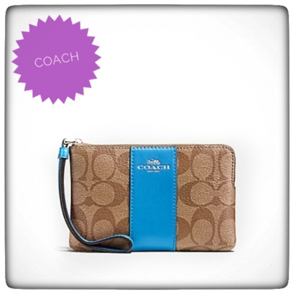 COACH Leather Wristlett~Khaki & Blue~F58035 - Picture 1 of 4